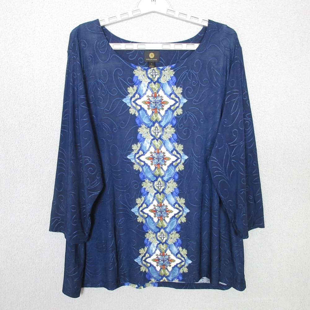 JM Collection Blouse Tunic Top Blue Floral Embellished 3/4 Sleeve Women's 3X
